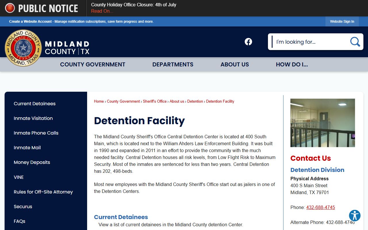 Midland County Central Detention Center exterior from the county detention facility page