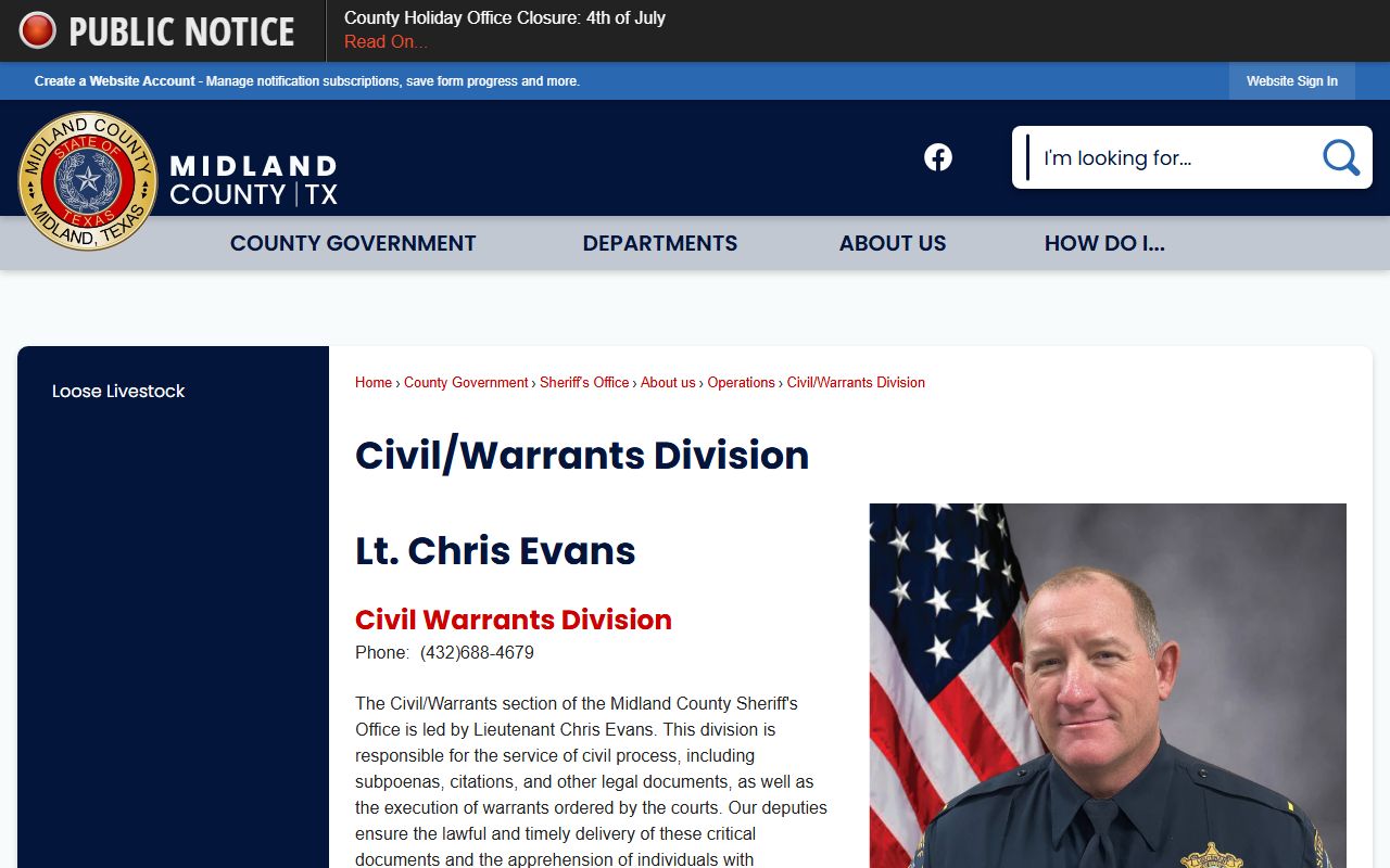 Midland County Civil Warrants Division contact page