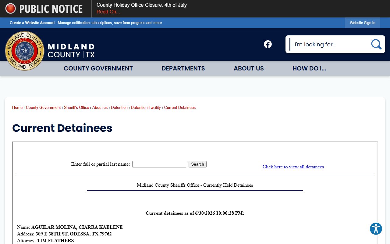 Midland County Current Detainees landing page linking to the active roster