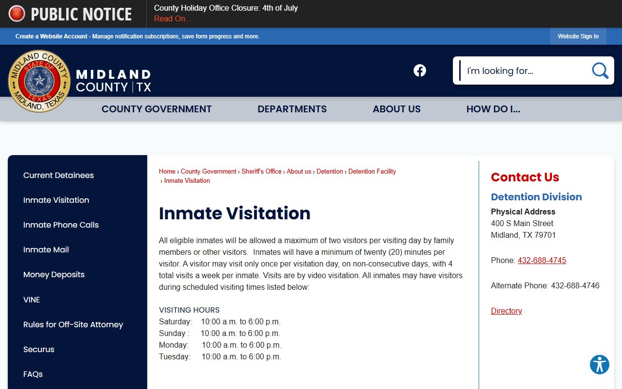 Midland County inmate visitation rules and video visitation schedule