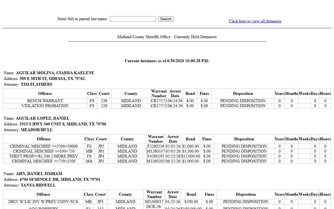Midland County inmate population live detainee roster search and charge table