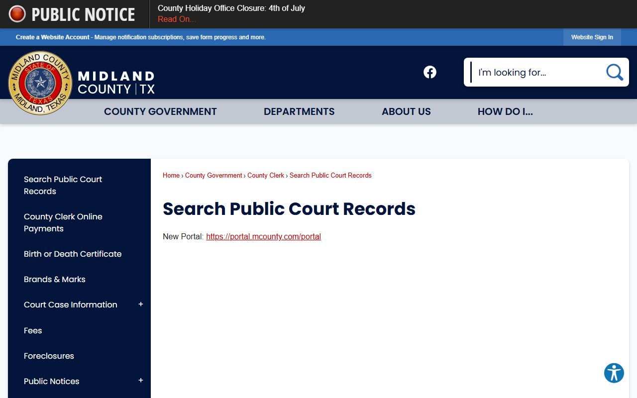 Midland County public court records page with account requirement and portal links