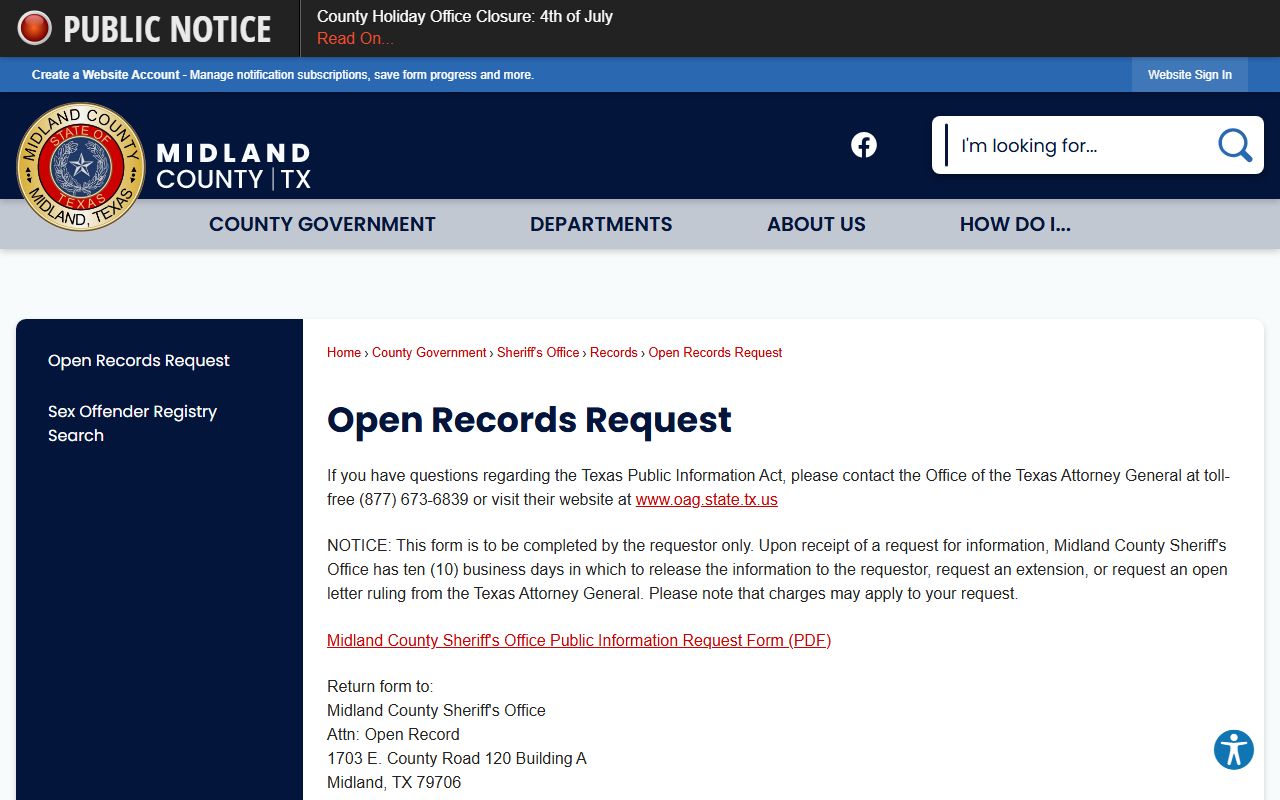 Midland County Sheriff's Office open records request instructions