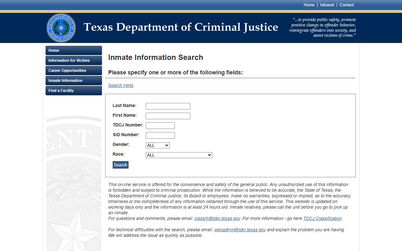 Texas Department of Criminal Justice statewide inmate search page